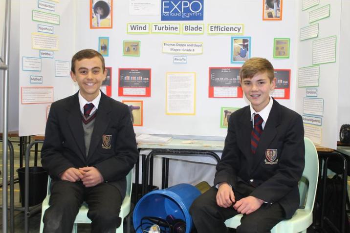St John's College (South Africa) pupils, Lloyd Magee and Thomas Deppe show their research titled, Wind Turbine Blade Effeciency.